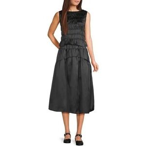 NWT!! MOD REF‎ Black Taffeta Midi Tiered Skirt Solid Elastic Waist X-Small